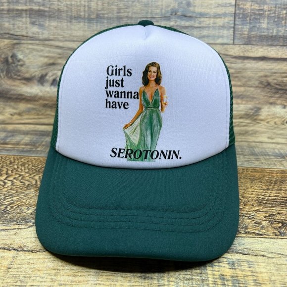 Girls Just Wanna Have Serotonin Mens Trucker Hat Green Snapback Meme Ball Cap - Picture 2 of 8